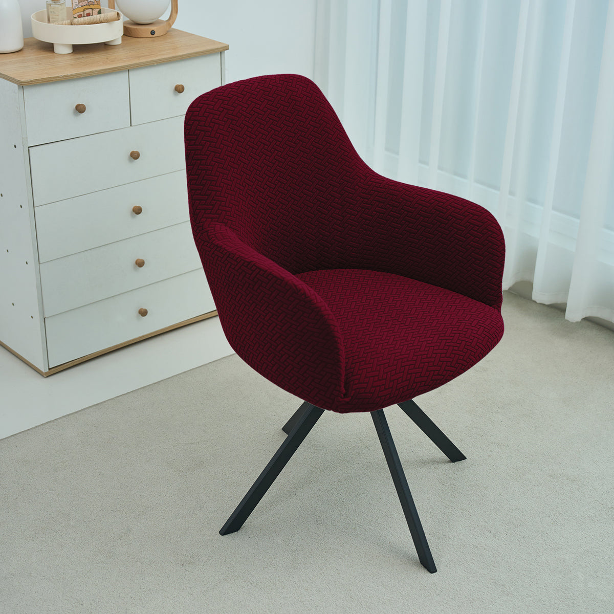 Premium Jacquard Fully Covered Cover for Swivel Dining Chair with Arms, Burgundy
