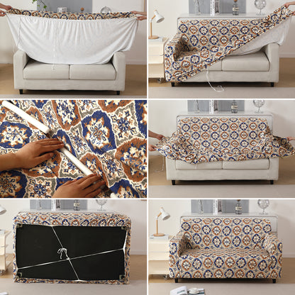 Premium Printed Velvet Sofa Cover 1/2/3 Seaters Fully Covered, Indigo Moroccan Charm