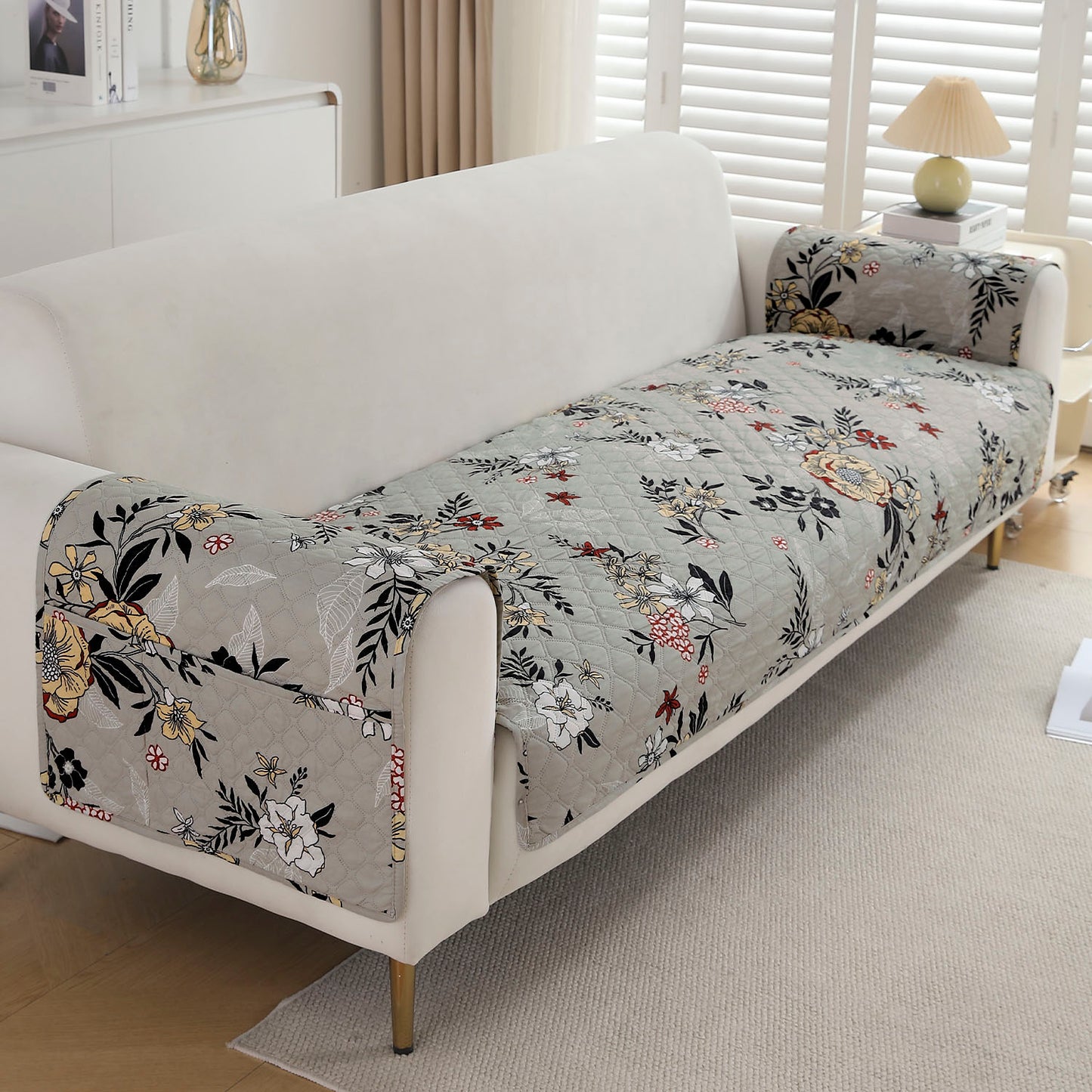 Quilted Sofa Seat Mat with Two Armrest Covers with Pockets for 1/2/3 Seater Sofa, Floral Ash Grey