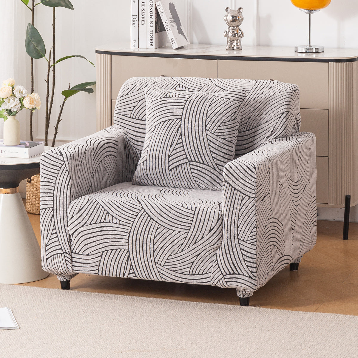 Buy ash grey colour waveline series jacquard 1 seater sofa & pillow cover​ 