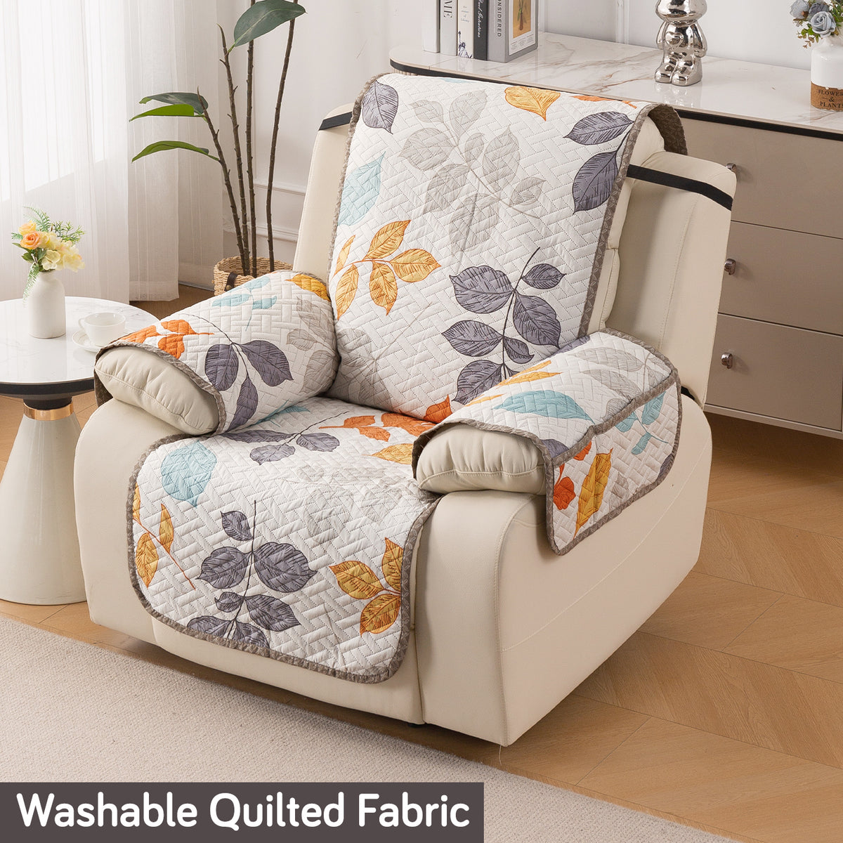 Quilted Cover for Recliner Sofa with SecureFit Belt & Side Pocket, Multicolor Leaves
