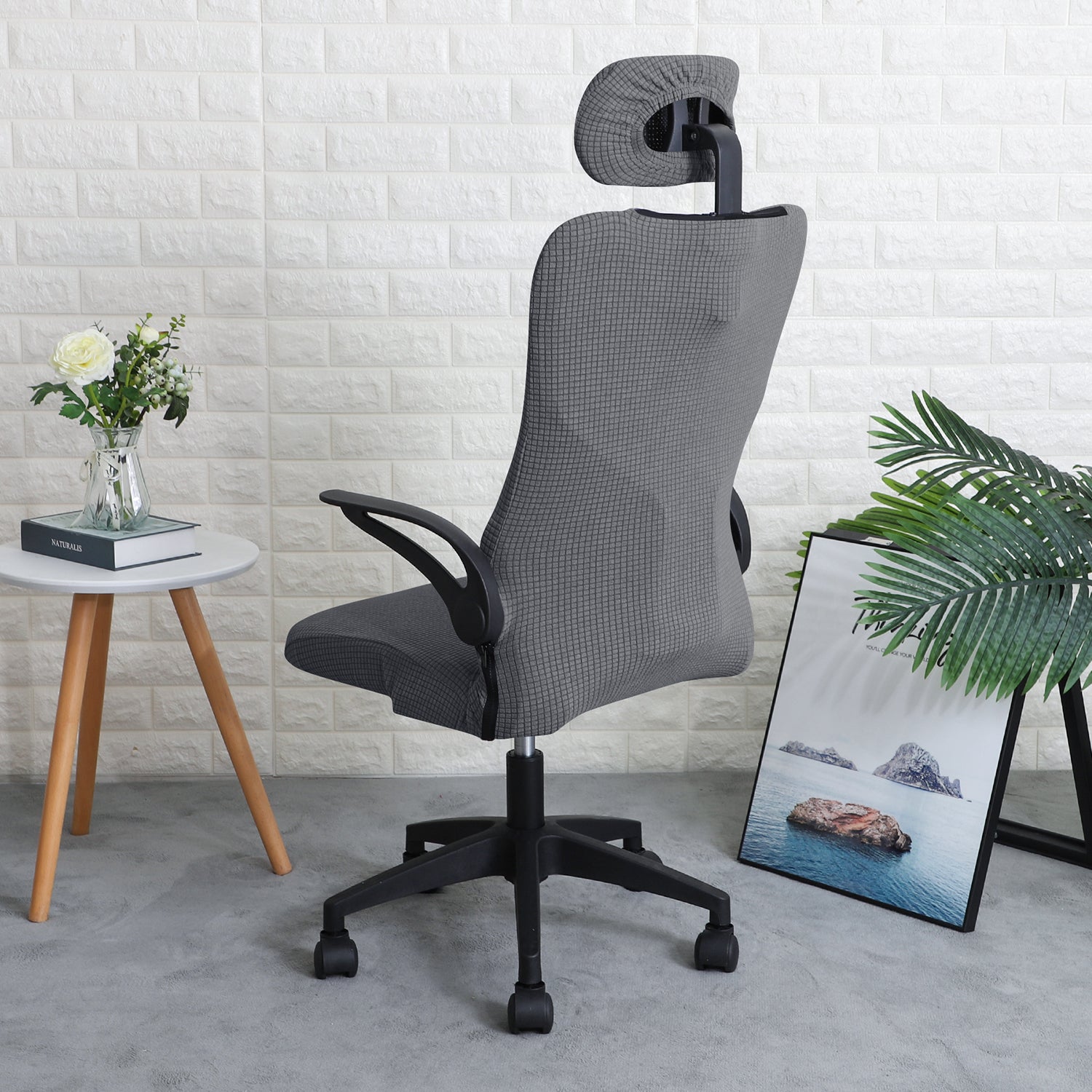 Stretchable Jacquard Office Boss Chair Seat Cover with Headrest Cover for Computer Desk Chair, Dark Grey