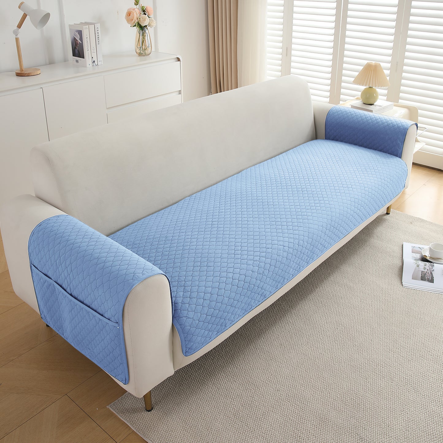 Quilted Sofa Cover Mat with 2 Armrest Covers Pockets, Blue