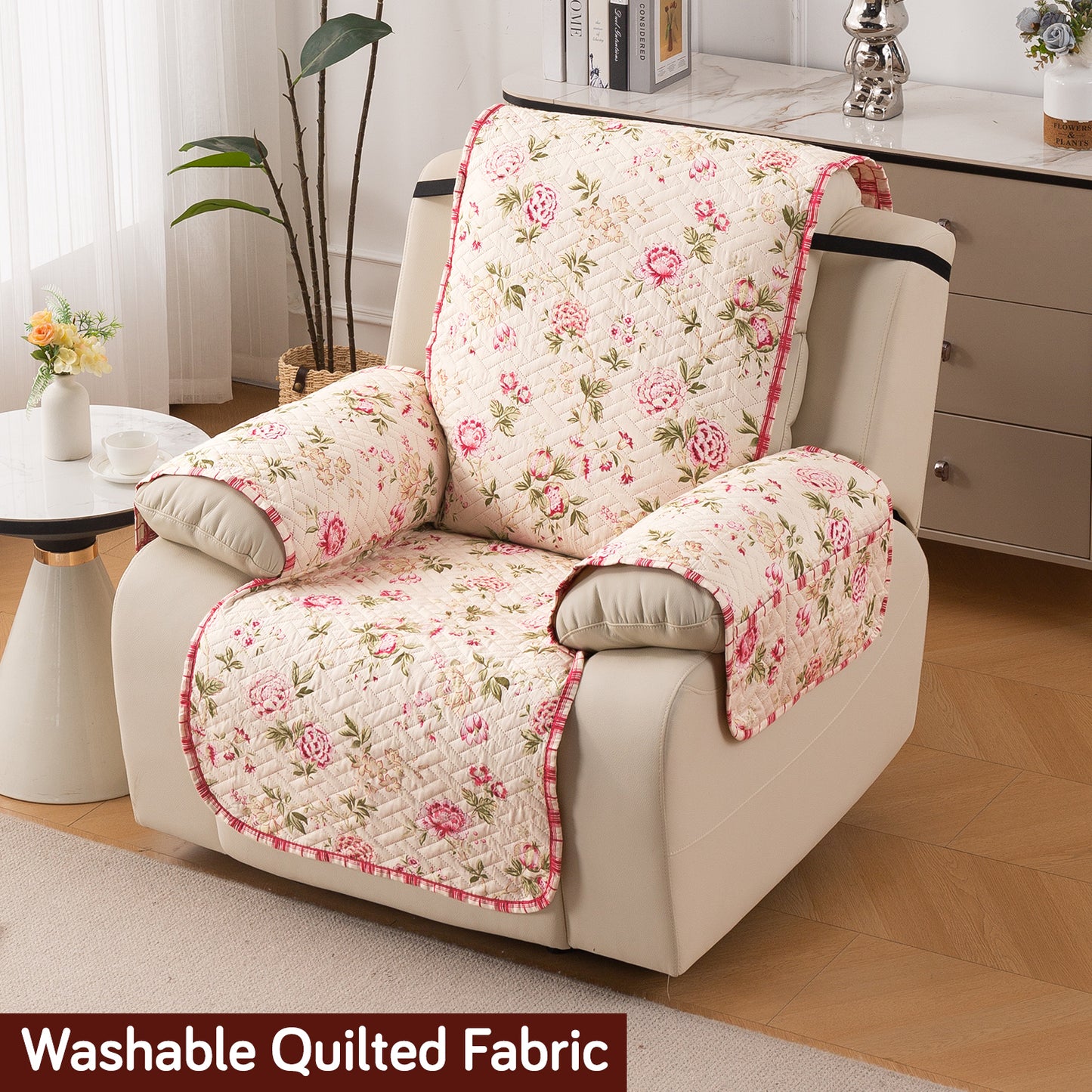 Quilted Cover for Recliner Sofa with SecureFit Belt & Side Pocket, Beige Peonies