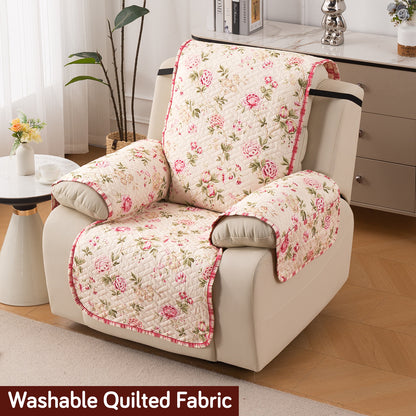 Quilted Cover for Recliner Sofa with SecureFit Belt & Side Pocket, Beige Peonies