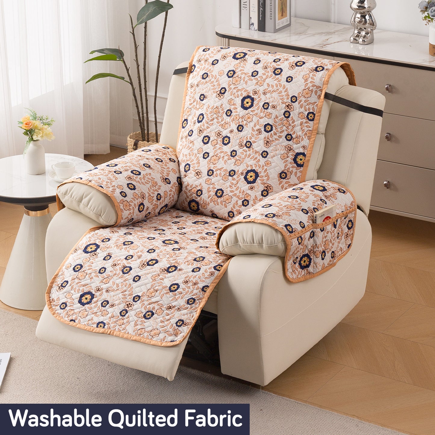 Quilted Cover for Recliner Sofa with SecureFit Belt & Side Pocket, Light Peach Candytuft