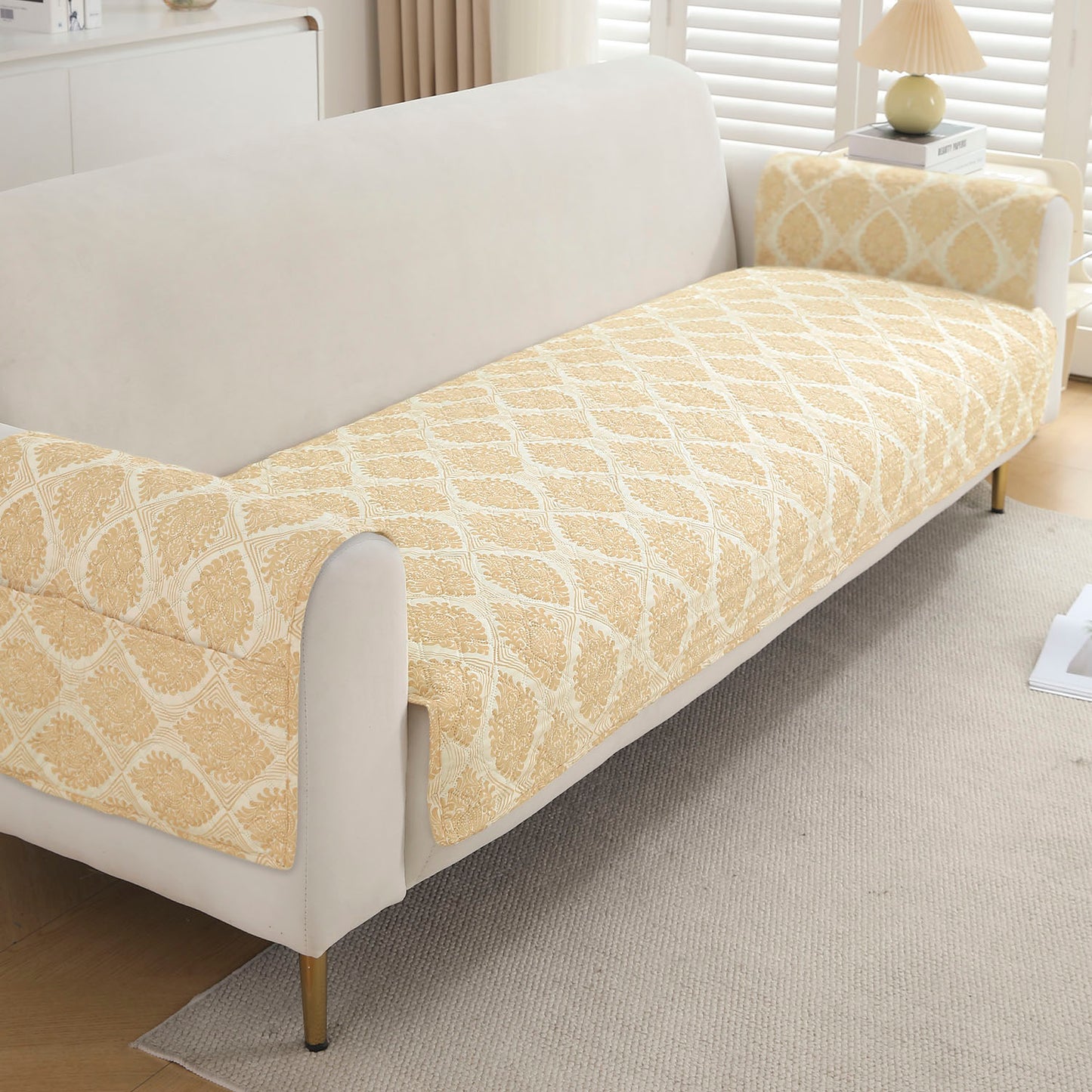 Quilted Sofa Seat Mat with Two Armrest Covers with Pockets for 1/2/3 Seater Sofa, Ogee Ivory