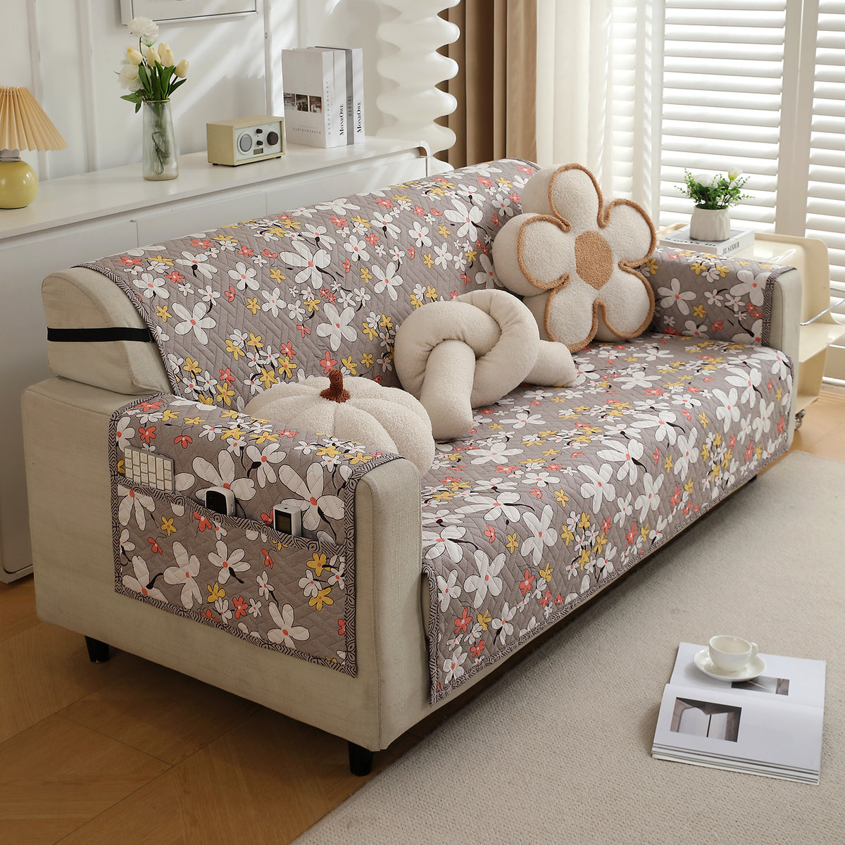 Pastel Brown Sandwort Flower Printed quilted three seater sofa cover
