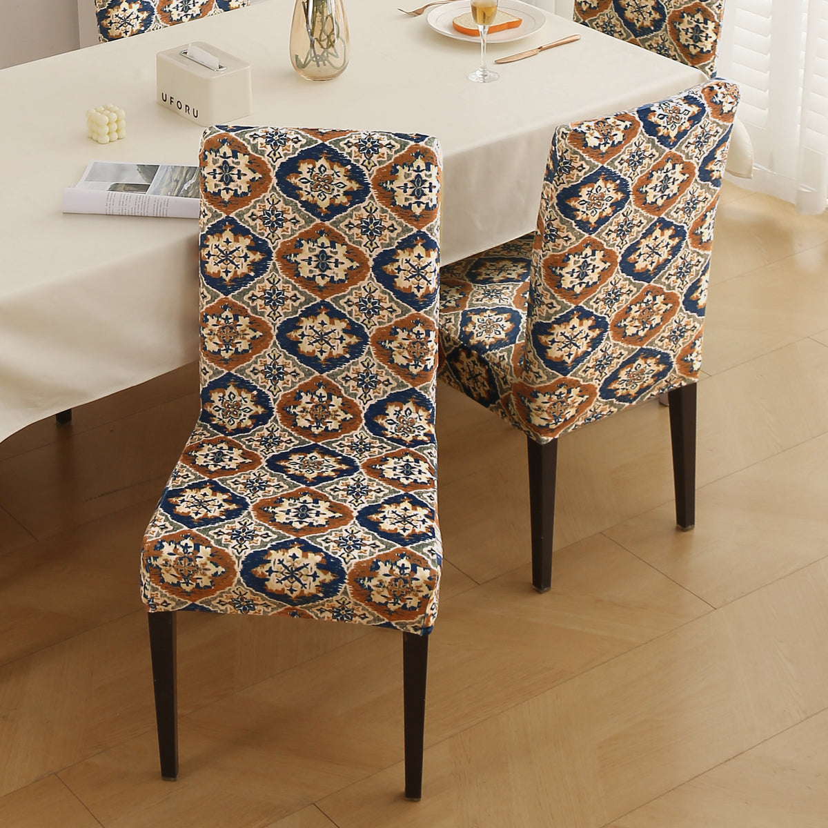 Premium Printed Velvet Dining Chair Cover Set, Indigo Moroccan Charm