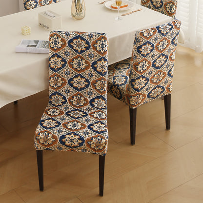 Premium Printed Velvet Dining Chair Cover Set, Indigo Moroccan Charm