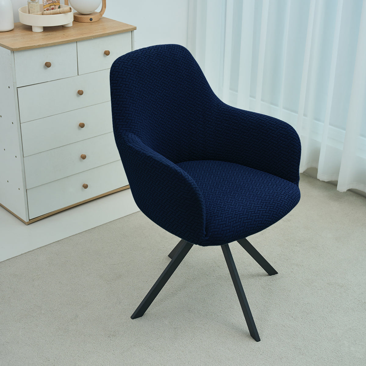 Premium Jacquard Fully Covered Cover for Swivel Dining Chair with Arms, Navy Blue