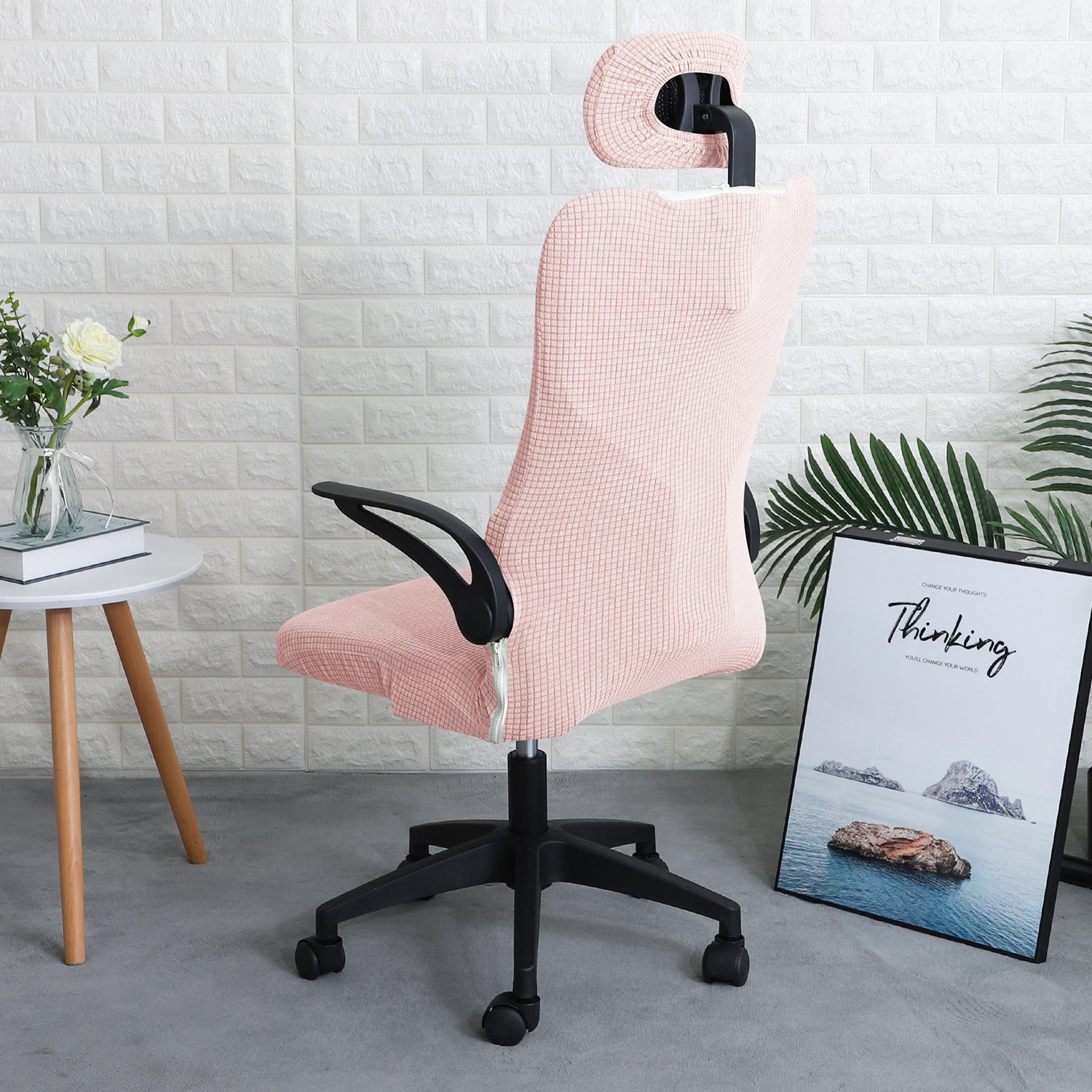 Stretchable Jacquard Office Boss Chair Seat Cover with Headrest Cover for Computer Desk Chair, Pink