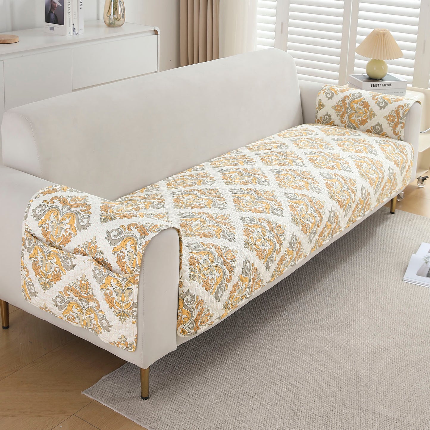 Quilted Sofa Seat Mat with Two Armrest Covers with Pockets for 1/2/3 Seater Sofa, Damask Beige