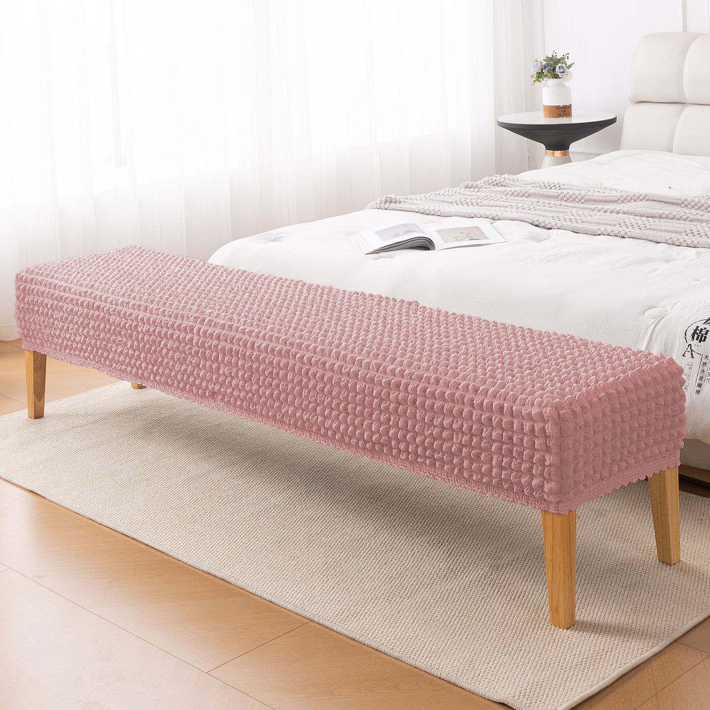 Aria Nova 280 GSM Stretchable Bubble Dining Bench Cover, Tea Rose Pink