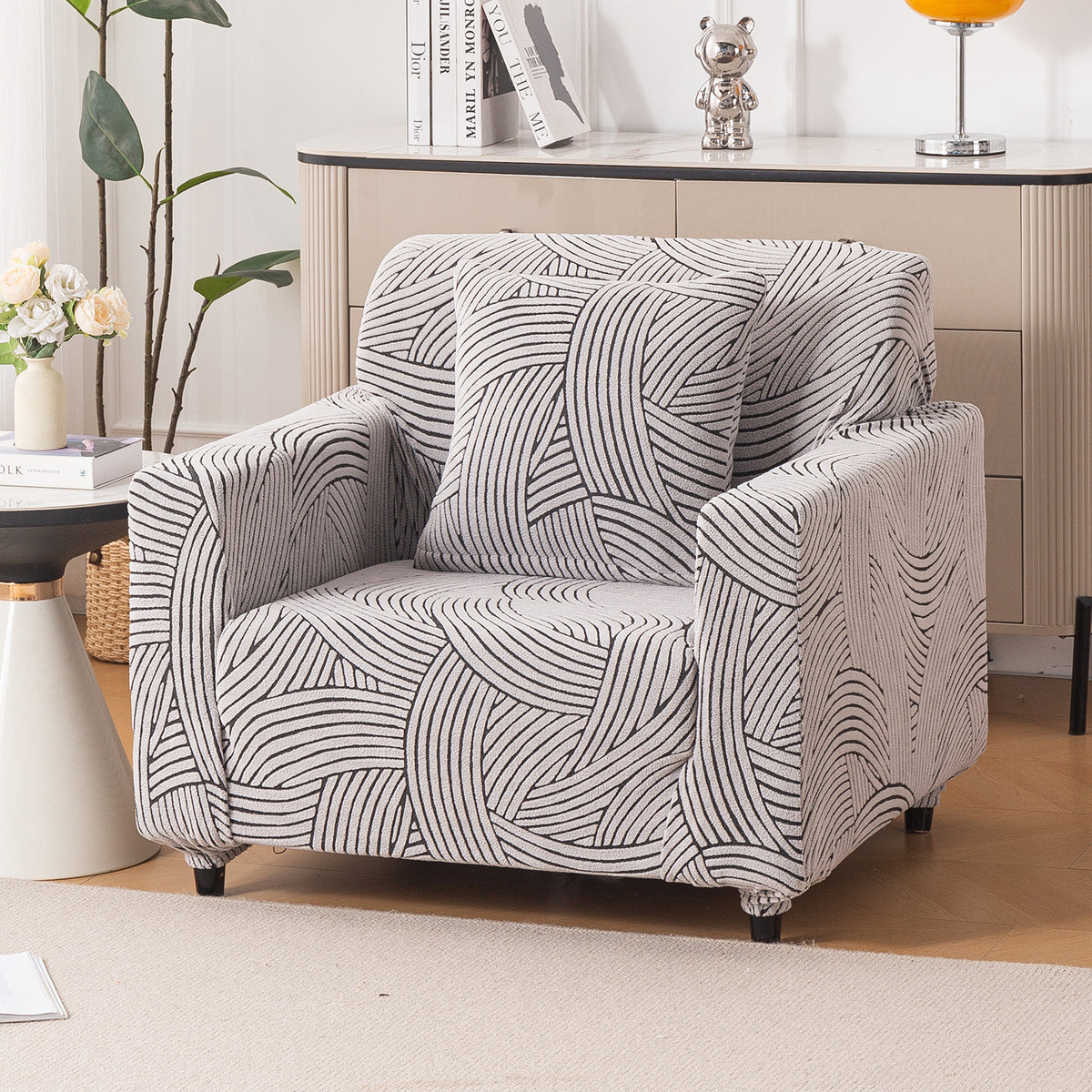 Buy classic white colour waveline series jacquard 1 seater sofa cover​ | HOKIPO