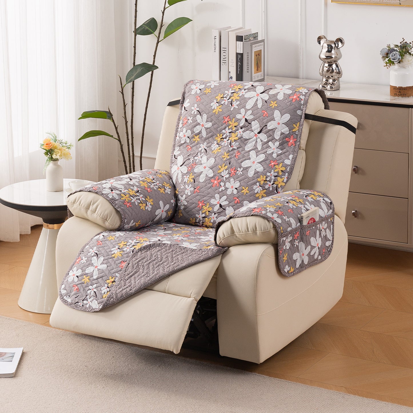 Quilted Cover for Recliner Sofa with SecureFit Belt & Side Pocket, Pastel Brown Sandwort Flower
