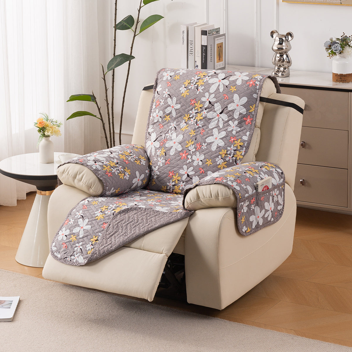 Quilted Cover for Recliner Sofa with SecureFit Belt & Side Pocket, Pastel Brown Sandwort Flower