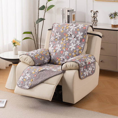 Quilted Cover for Recliner Sofa with SecureFit Belt & Side Pocket, Pastel Brown Sandwort Flower