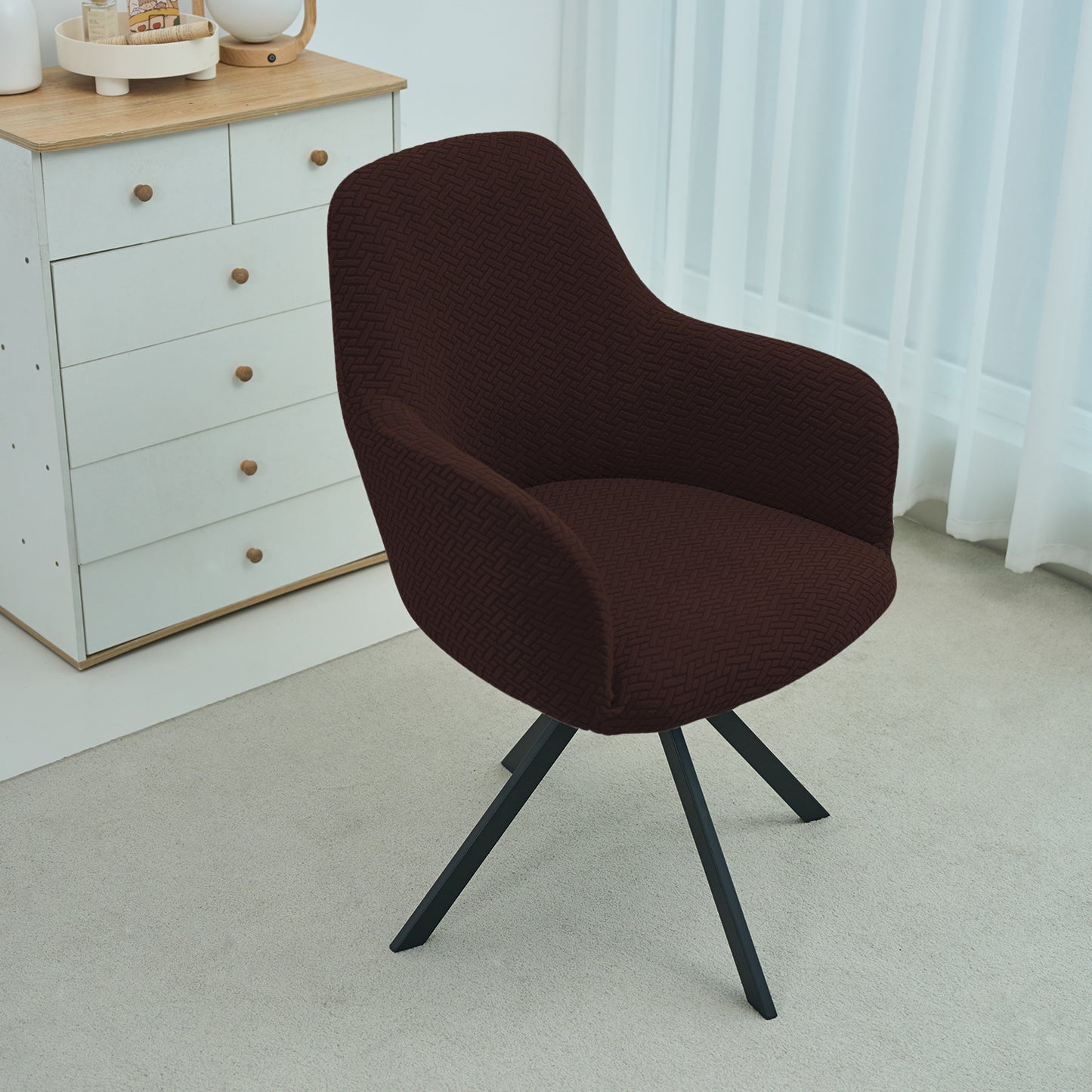 Premium Jacquard Fully Covered Cover for Swivel Dining Chair with Arms, Chocolate Brown