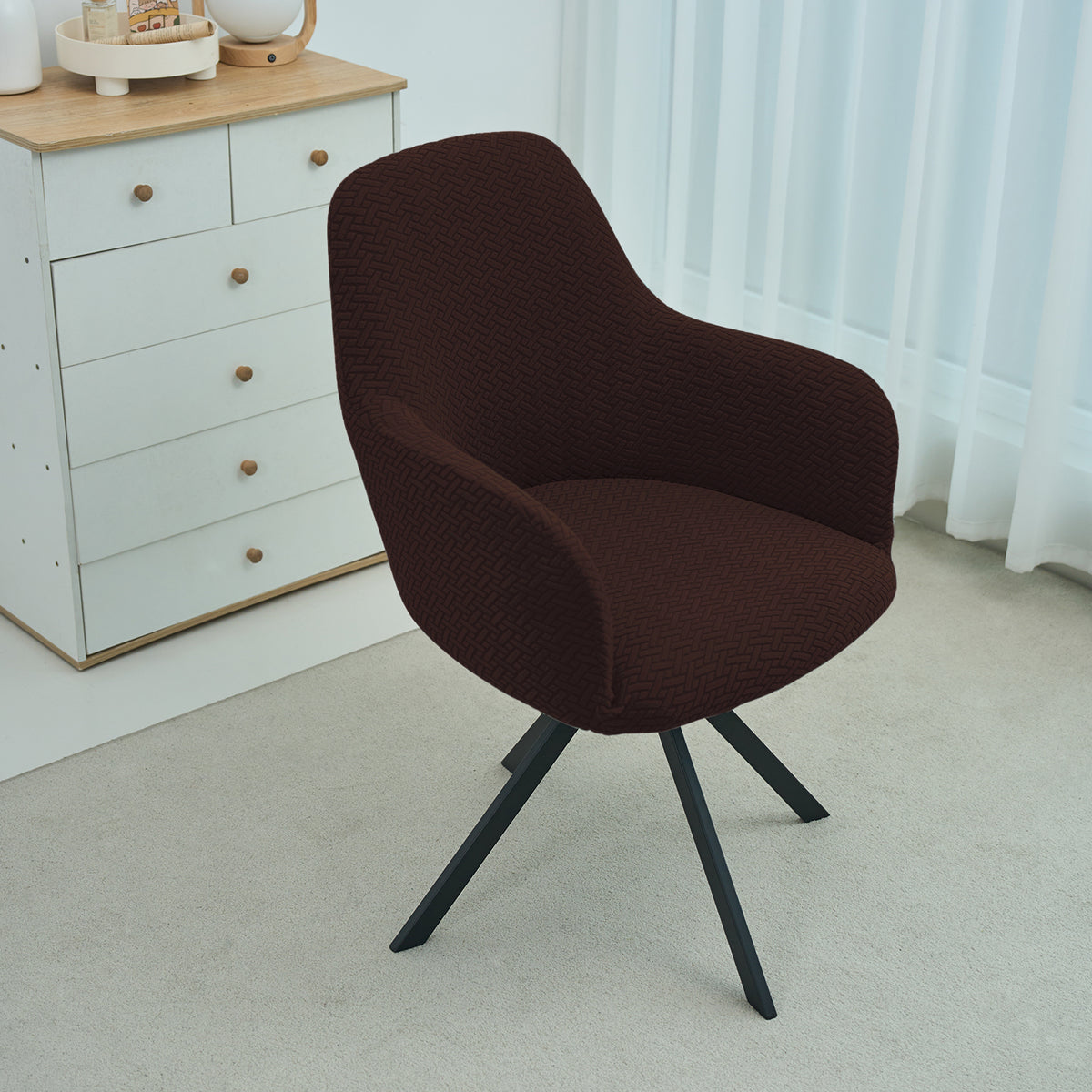 Premium Jacquard Fully Covered Cover for Swivel Dining Chair with Arms, Chocolate Brown