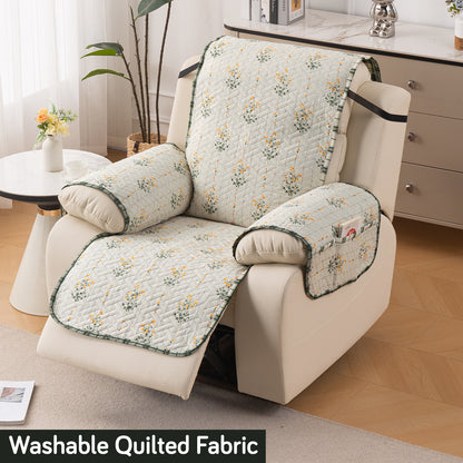 Quilted Cover for Recliner Sofa with SecureFit Belt & Side Pocket, Light Green Ash Gypsy Flower