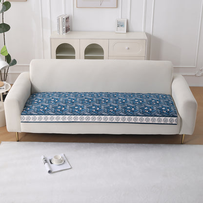LiefNest Printed Holland Velvet Sofa Mat with Foam Filling - Geometric Floral Oriental Blue for 1/2/3 Seater & Armrest