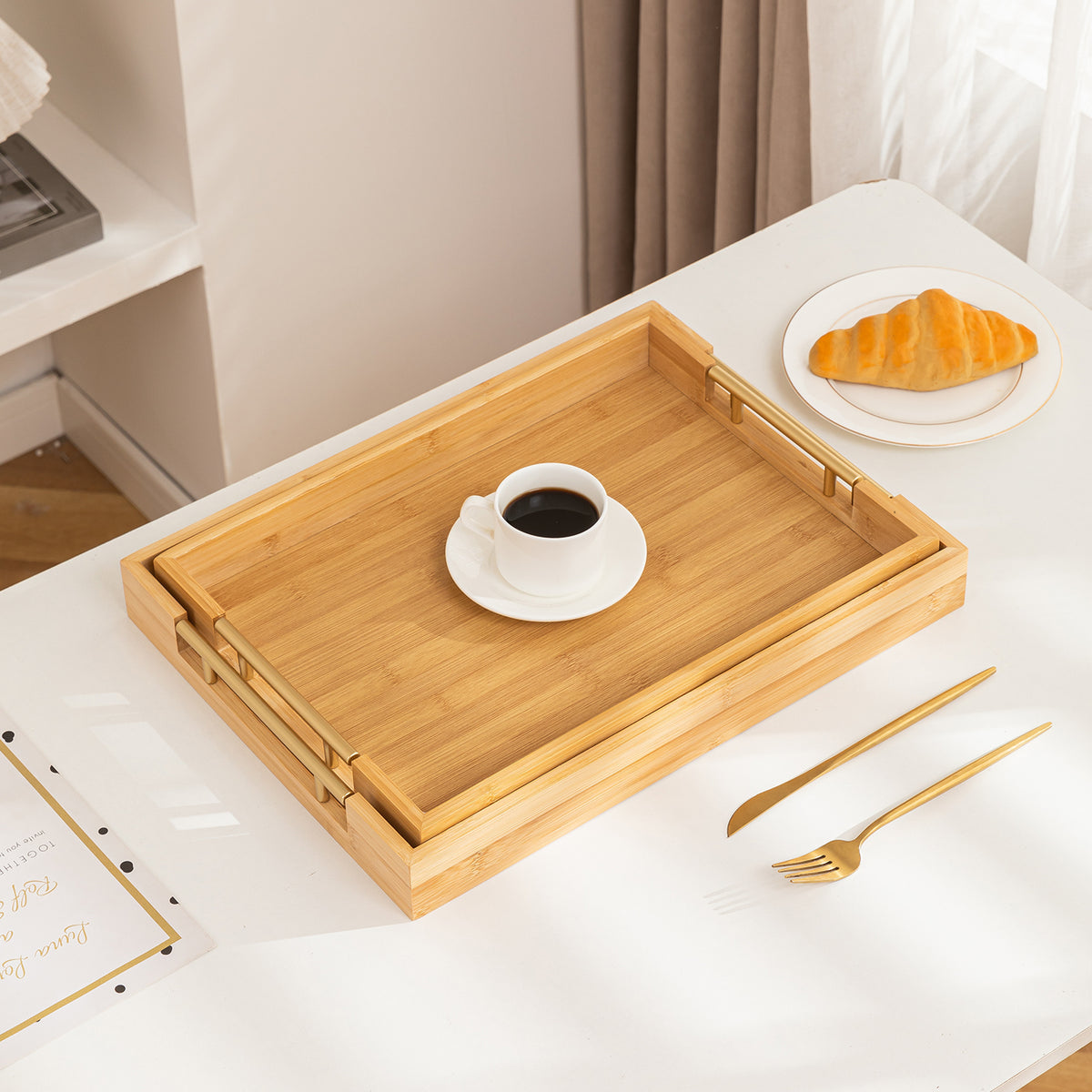 Stylish Bamboo Serving Tray Set with Gold Handles | Set of 2