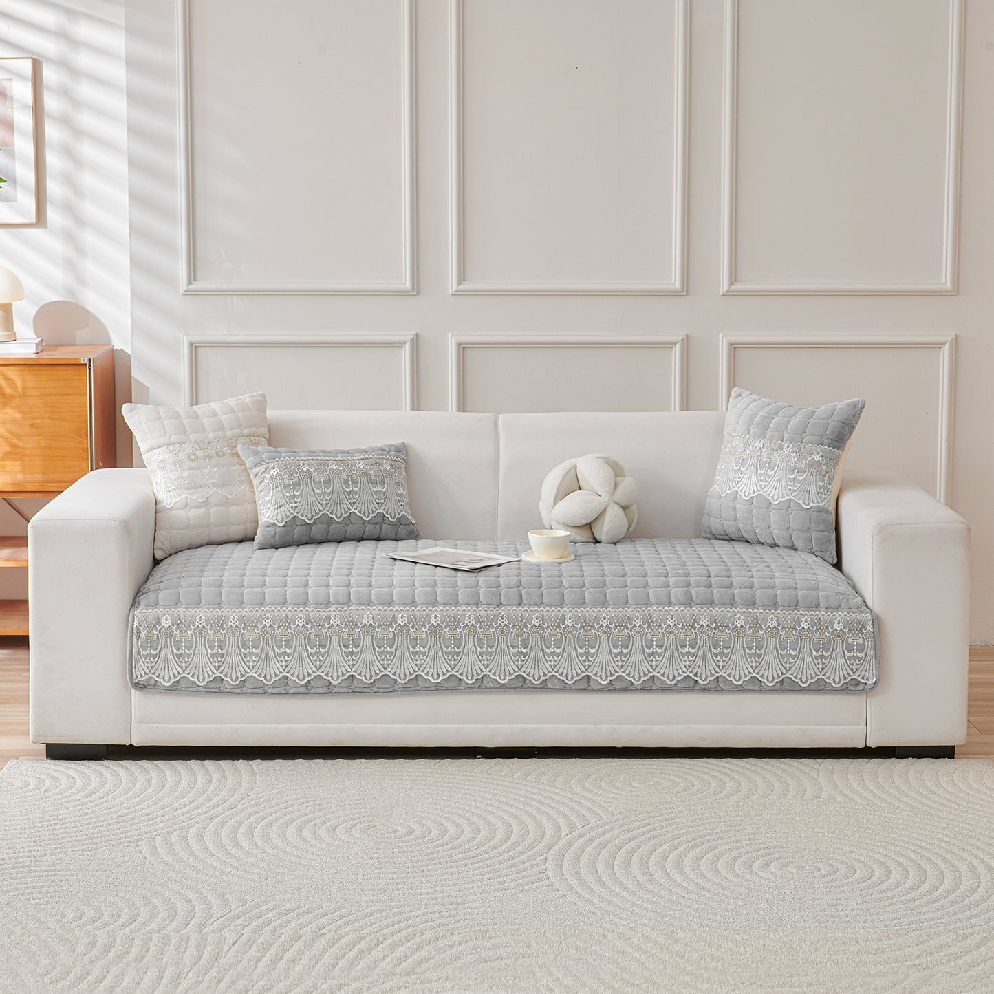 BelleLace Series Imperial Milk Velvet Sofa Cover Mat with Lace Design - Cloud Grey