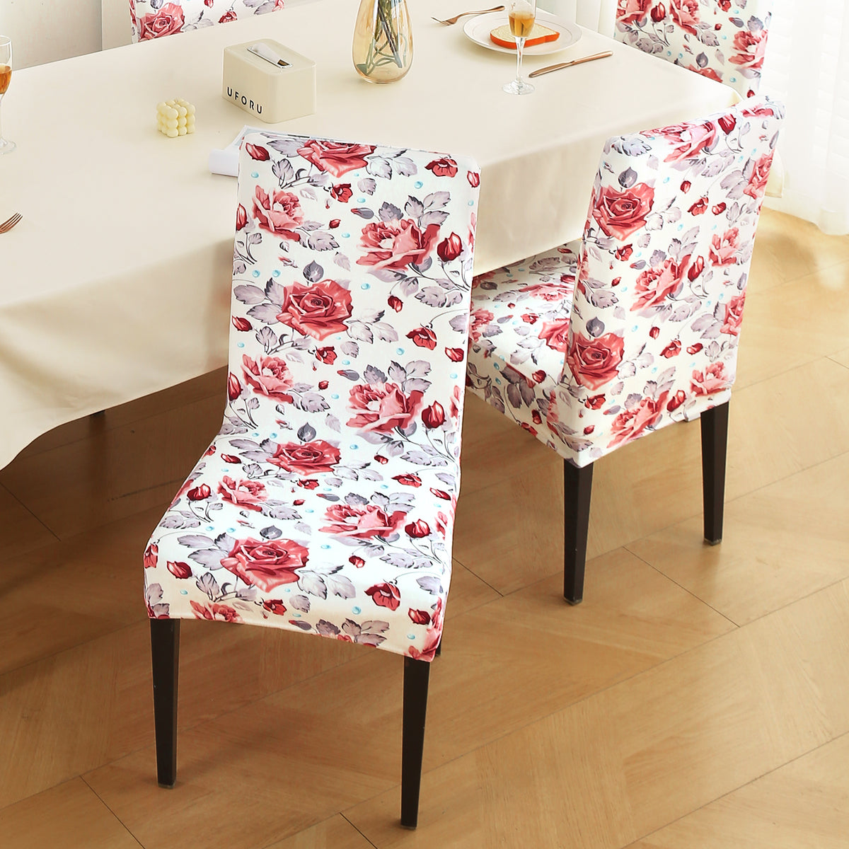 Premium Printed Velvet Dining Chair Cover Set, Red Cottage Rose