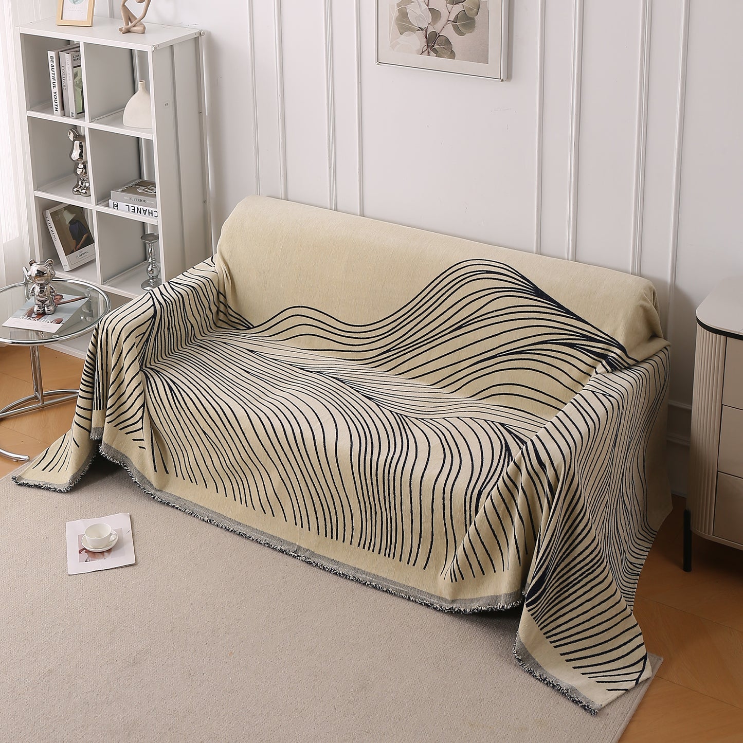 WaveLoom Collection Printed Chenille Sofa Cover Throw, Navy Blue