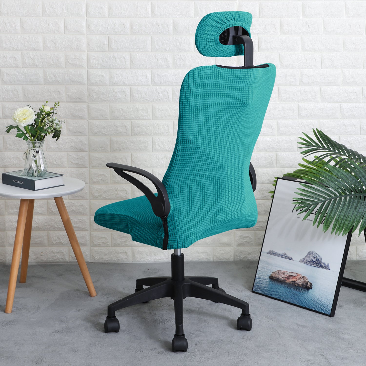 Stretchable Jacquard Office Boss Chair Seat Cover with Headrest Cover for Computer Desk Chair, Teal