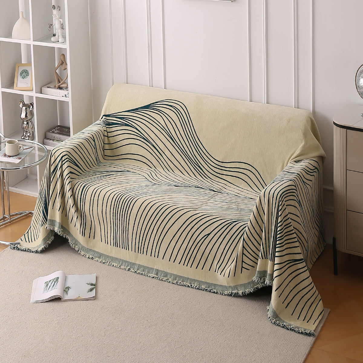 Buy Peacock Green Colour WaveLoom Chenille Two Seater Sofa Throw | HOKIPO
