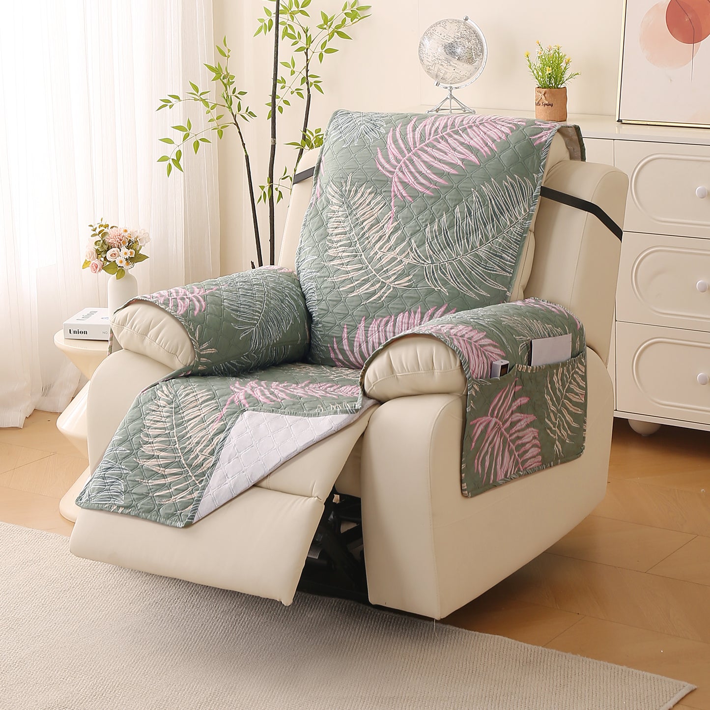 Quilted Printed Recliner Mats for 1 Seater Recliner Sofa, Tropical Leaves Pastel