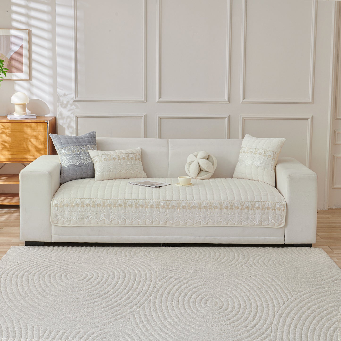BelleLace Series Imperial Milk Velvet Sofa Cover Mat with Lace Design - Pearl White