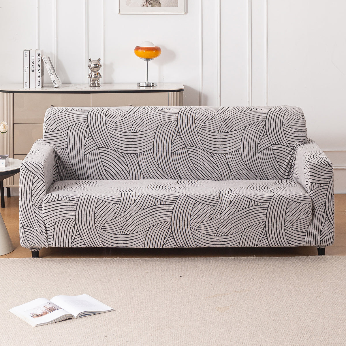 Buy Ash Grey WaveLine Jacquard Sofa Cover | HOKIPO