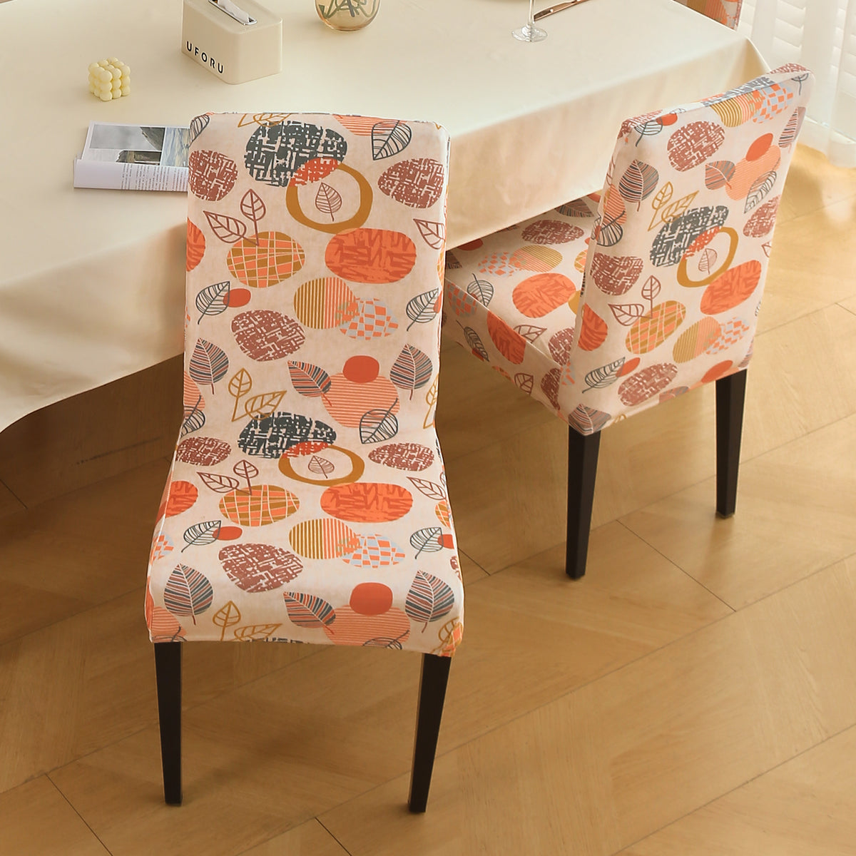 Premium Printed Velvet Dining Chair Cover Set, Coral Autumn Leaves