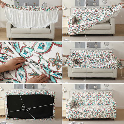 Premium Printed Velvet Sofa Cover 1/2/3 Seaters Fully Covered, Beige Persian Garden