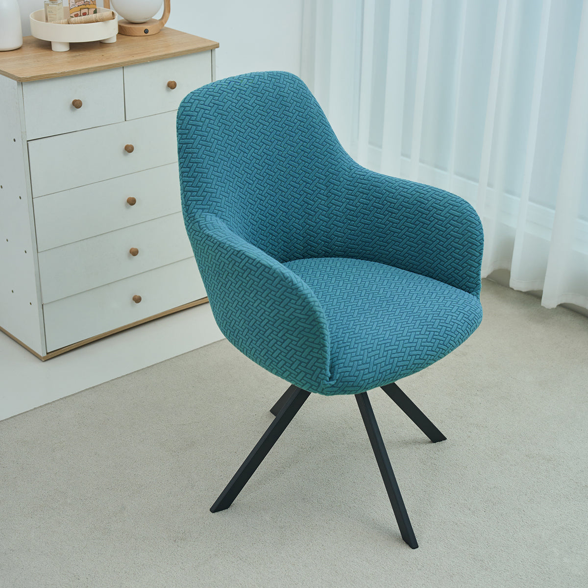 Premium Jacquard Fully Covered Cover for Swivel Dining Chair with Arms, Turquoise
