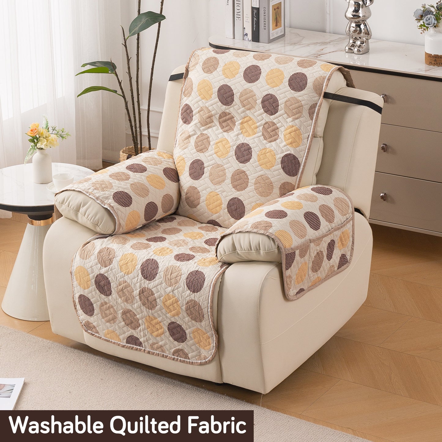 Quilted Cover for Recliner Sofa with SecureFit Belt & Side Pocket, Brown Polka Dot