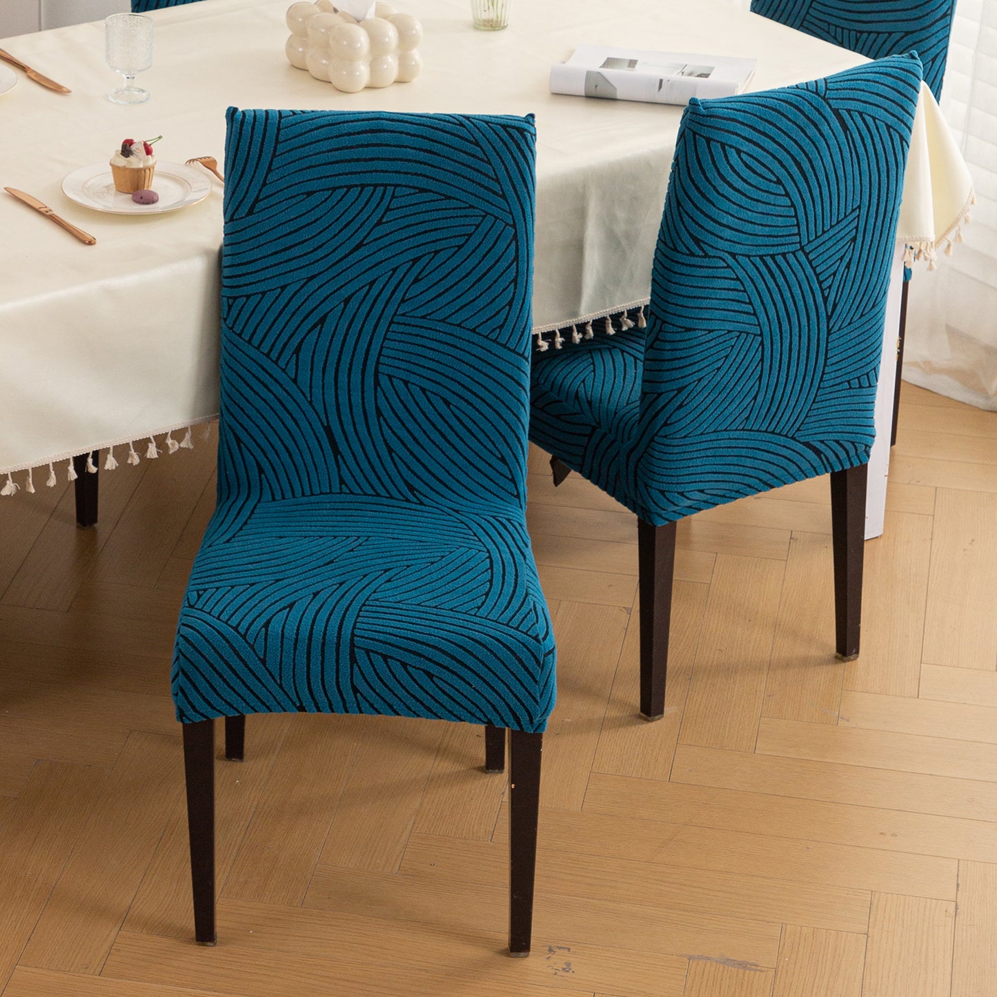 WaveLine Series 180 GSM Jacquard Chair Cover Set of 1/2/4/6, Teal Green