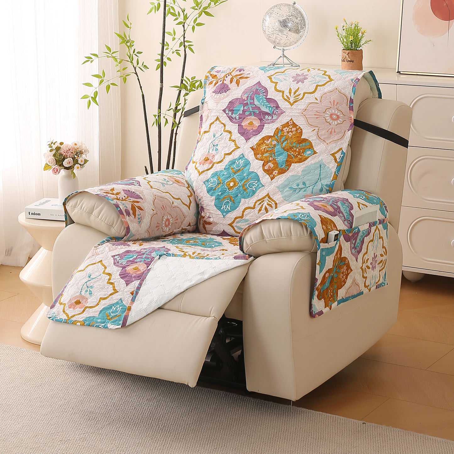 Quilted Printed Recliner Mats for 1 Seater Recliner Sofa, Quatrefoil Multicolor