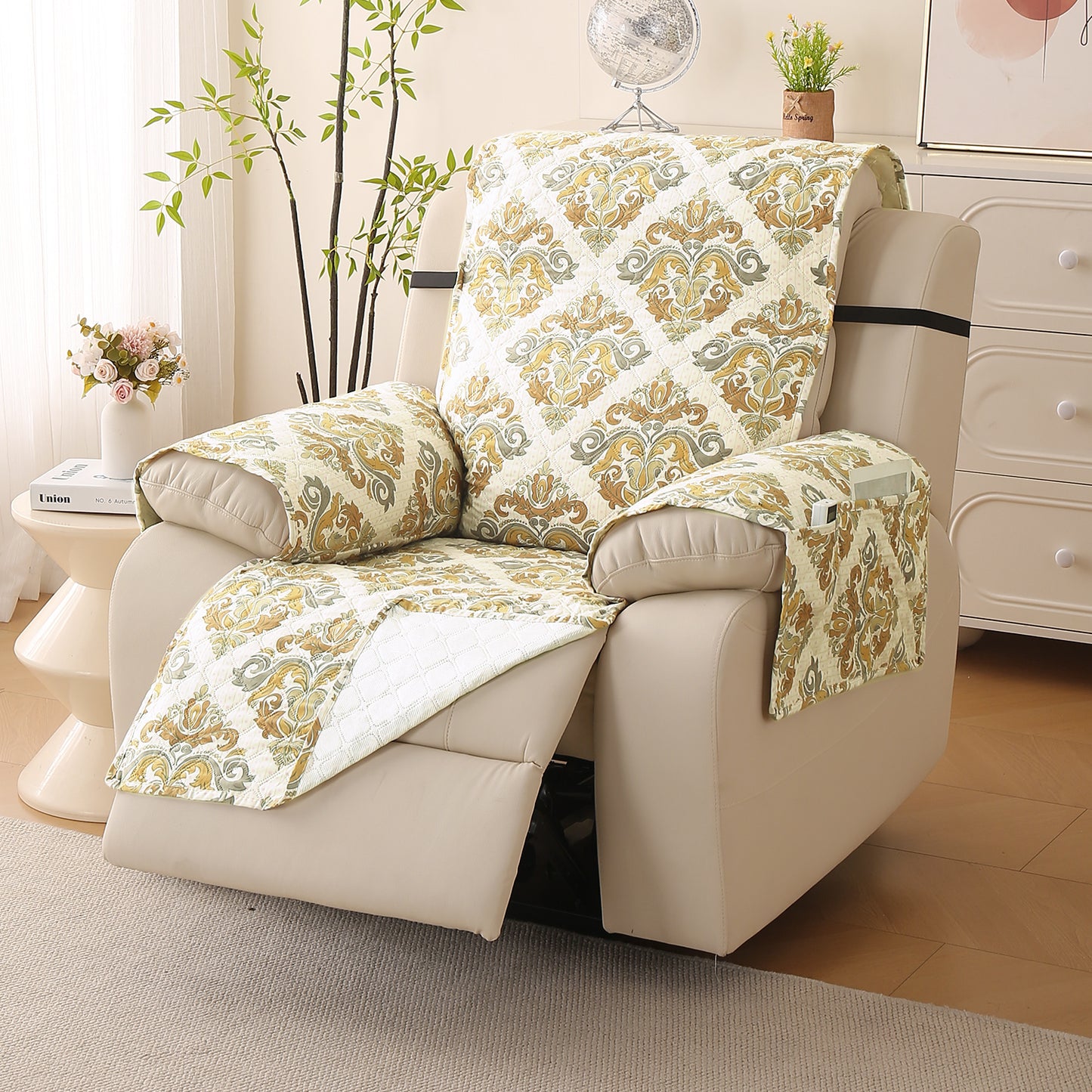 Quilted Printed Recliner Mats for 1 Seater Recliner Sofa, Damask Beige