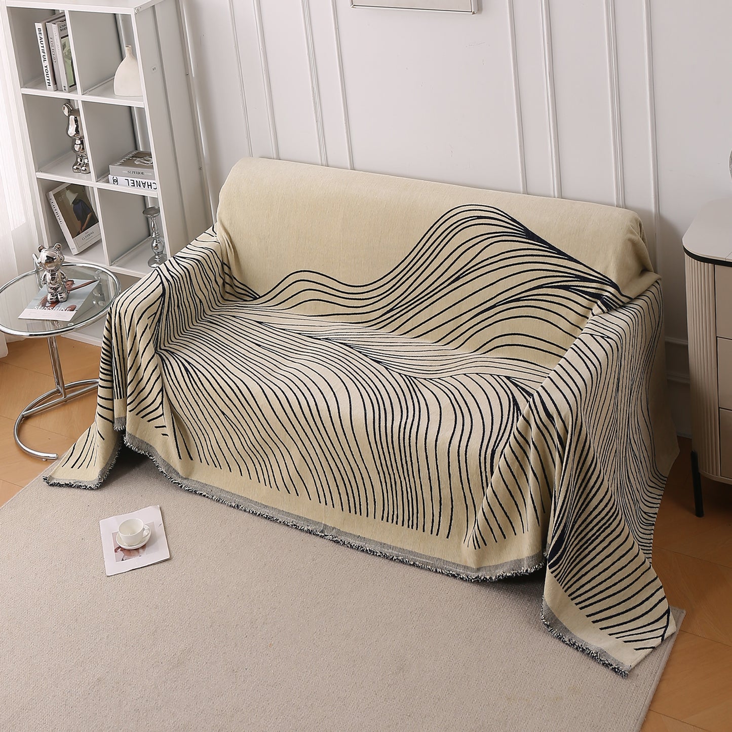 WaveLoom Collection Printed Chenille Sofa Cover Throw, Navy Blue