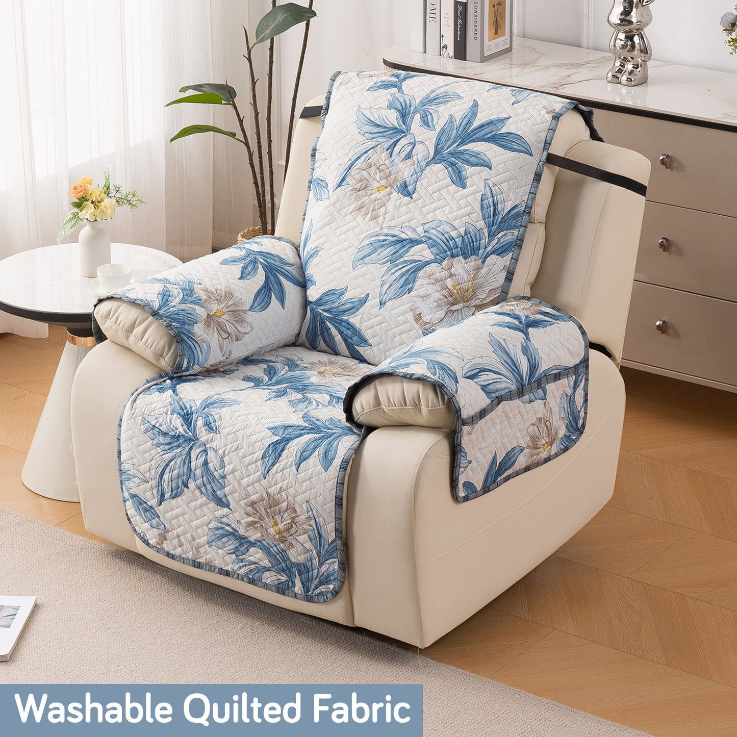 Quilted Cover for Recliner Sofa with SecureFit Belt & Side Pocket, Celadon Blue Camellia