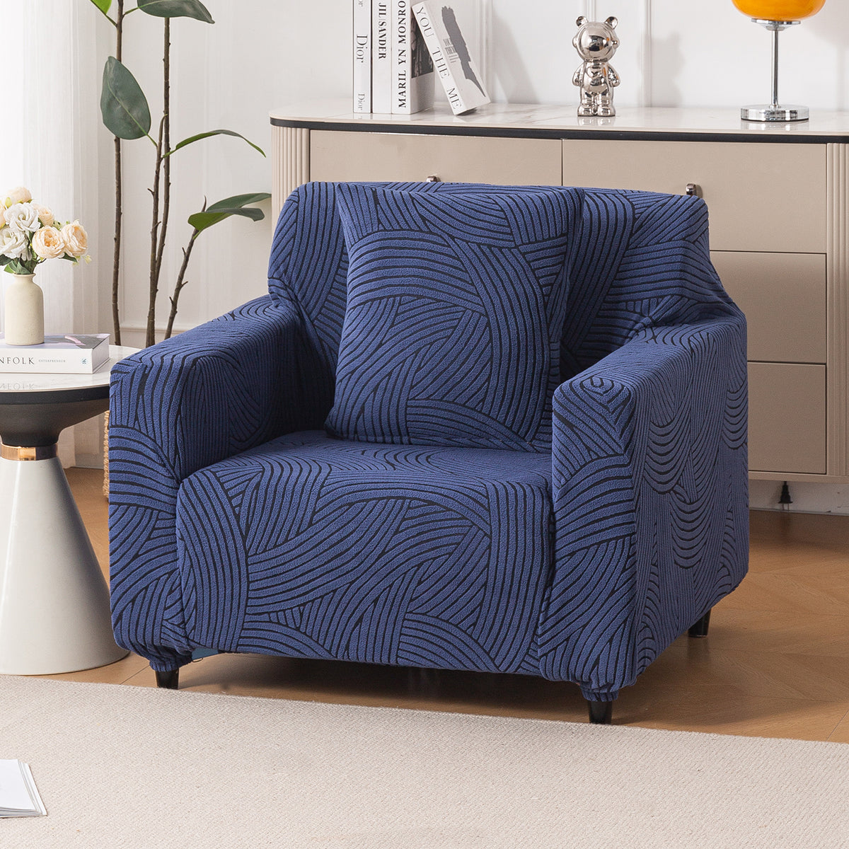 Buy royal blue colour waveline series jacquard 1 seater sofa cover​