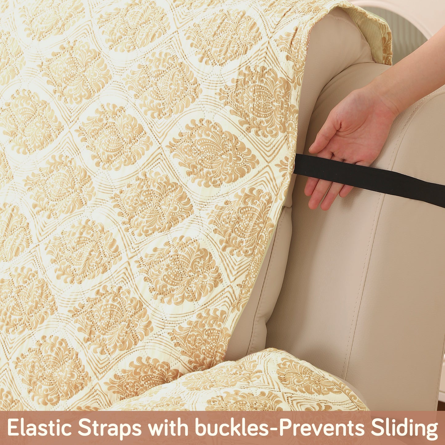 Quilted Printed Recliner Mats for 1 Seater Recliner Sofa, Ogee Ivory