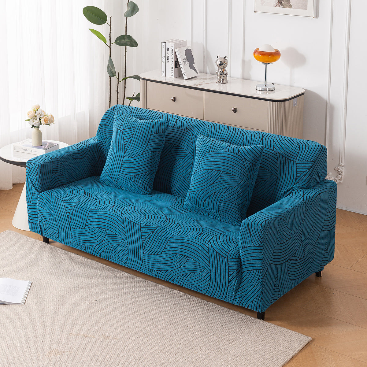 Buy rust brown colour waveline series jacquard stretchable 3 seater sofa cover​