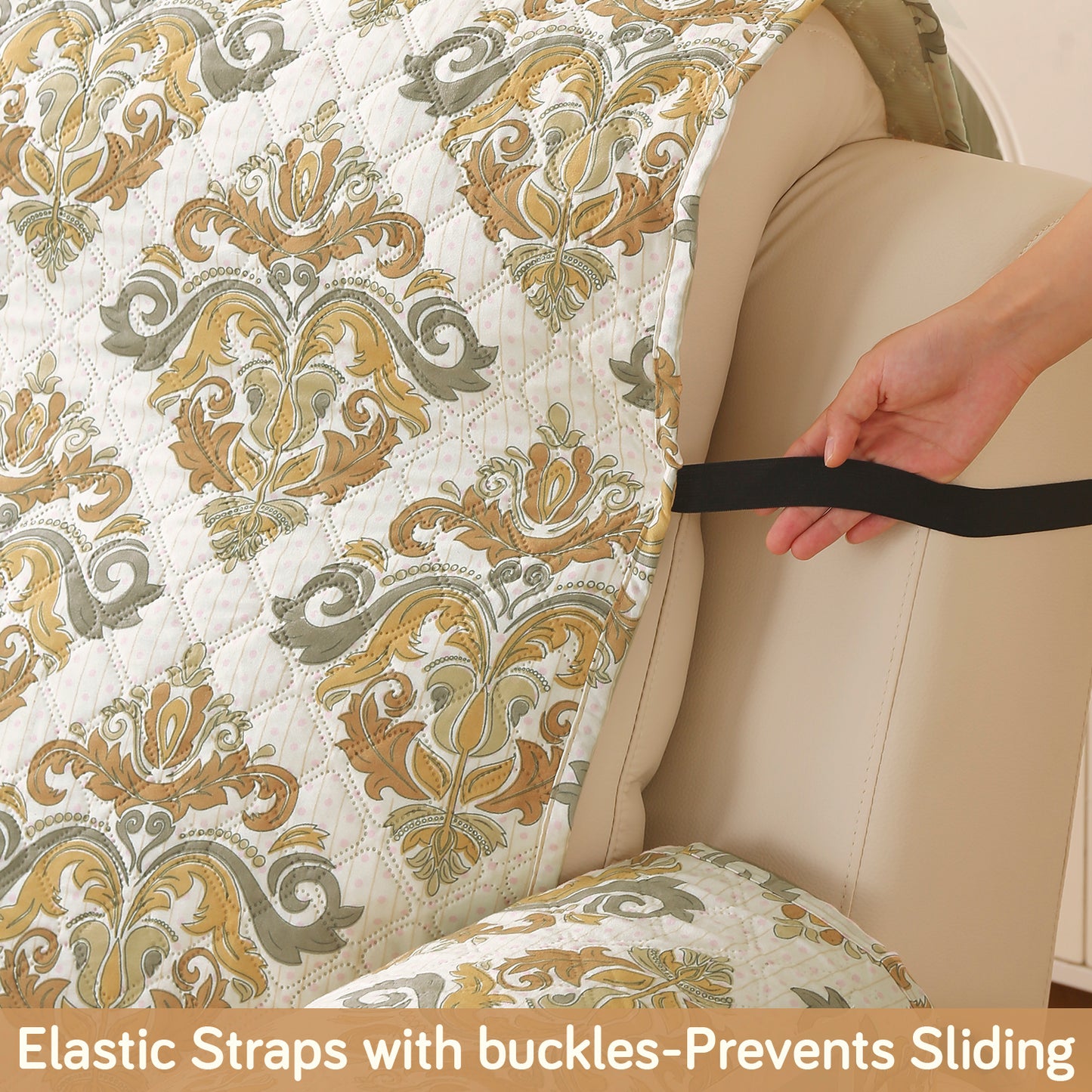 Quilted Printed Recliner Mats for 1 Seater Recliner Sofa, Damask Beige