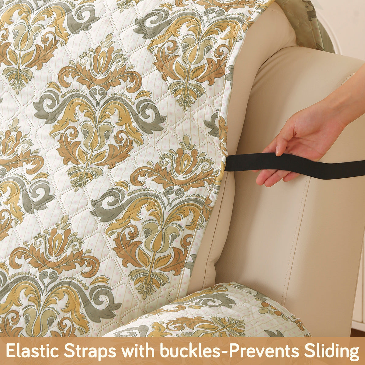 Quilted Printed Recliner Mats for 1 Seater Recliner Sofa, Damask Beige