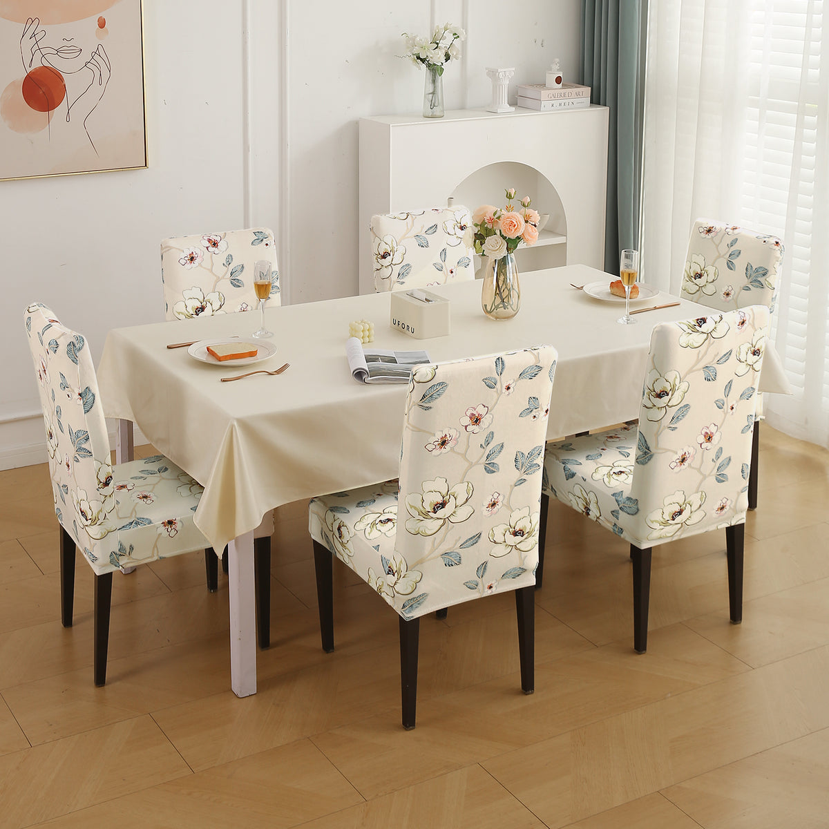 Premium Printed Velvet Dining Chair Cover Set, Buttercream Magnolia Whisper